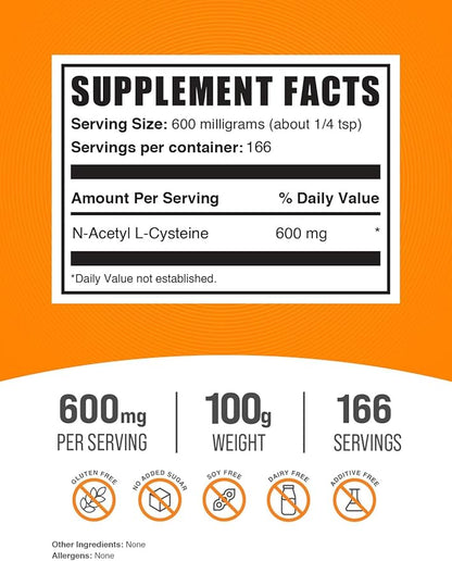 BulkSupplements.com NAC Powder - N-Acetyl Cysteine 600mg, NAC Supplement - Antioxidant Support, Gluten Free - 600mg per Serving, 166 Servings, 100g (3.5 oz) (Pack of 1)