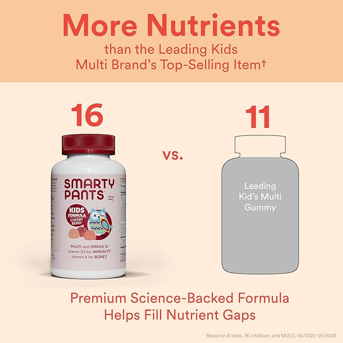 SmartyPants Kids Multivitamin Gummies: Omega 3 Fish Oil (EPA/DHA), Vitamin D3, C, Vitamin B12, B6, Vitamin A, K & Zinc for Immune Support, Grape, Cherry & Berry Flavors, 120 Count (30 Day Supply)
