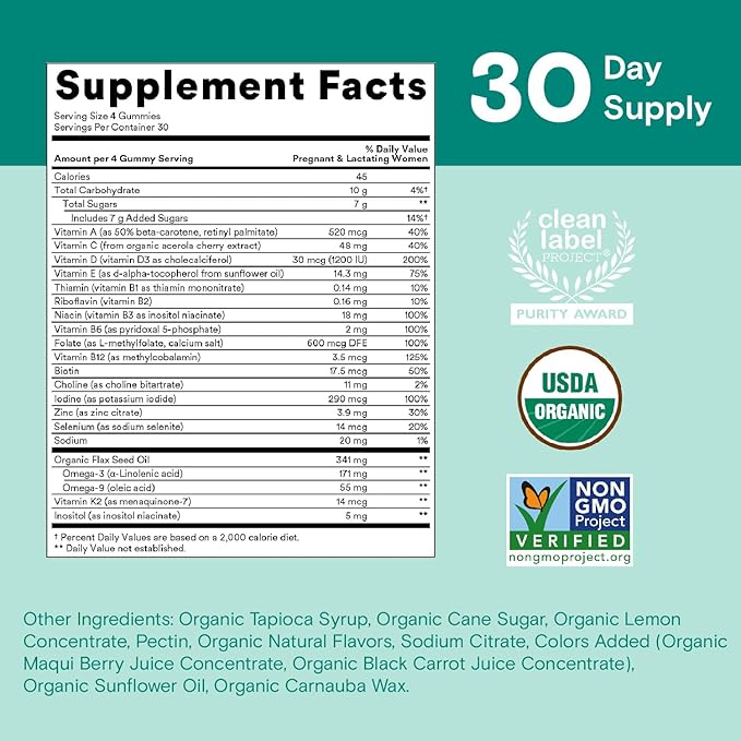 SmartyPants Organic Prenatal Vitamins for Women, Multivitamin Gummies: Biotin, Methylfolate, Omega 3 (ALA), Vitamin D3, C, Vitamin B12, B6, Vitamin A, K2 & Zinc, Vegetarian, 120 Count (30 Day Supply)