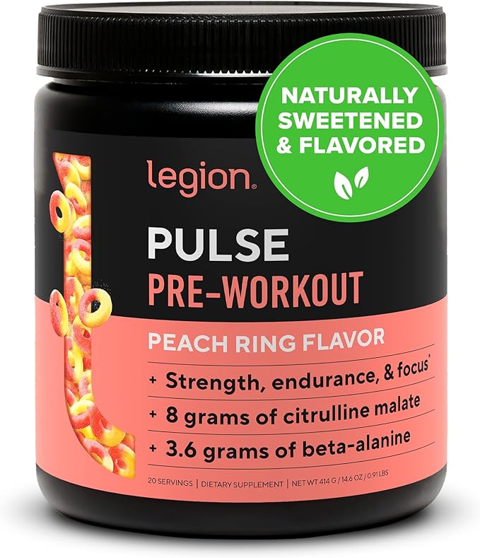 LEGION - All Natural Nitric Oxide Preworkout Drink to Boost Energy, Creatine Free, Naturally Sweetened, Beta Alanine, Citrulline, Alpha GPC (Peach)
