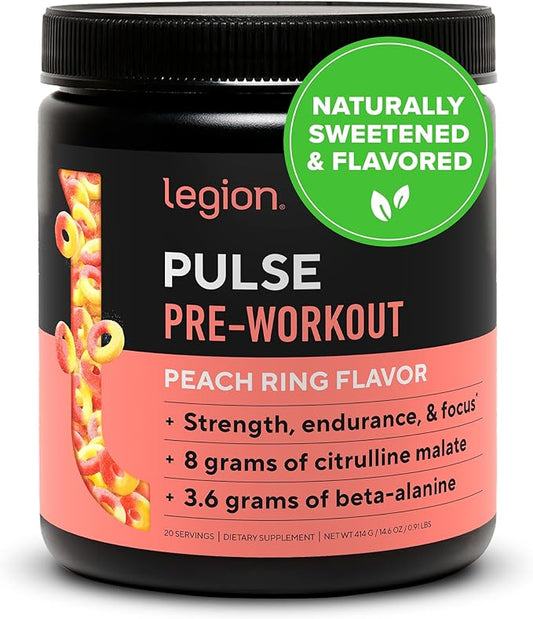 LEGION - All Natural Nitric Oxide Preworkout Drink to Boost Energy, Creatine Free, Naturally Sweetened, Beta Alanine, Citrulline, Alpha GPC (Peach)