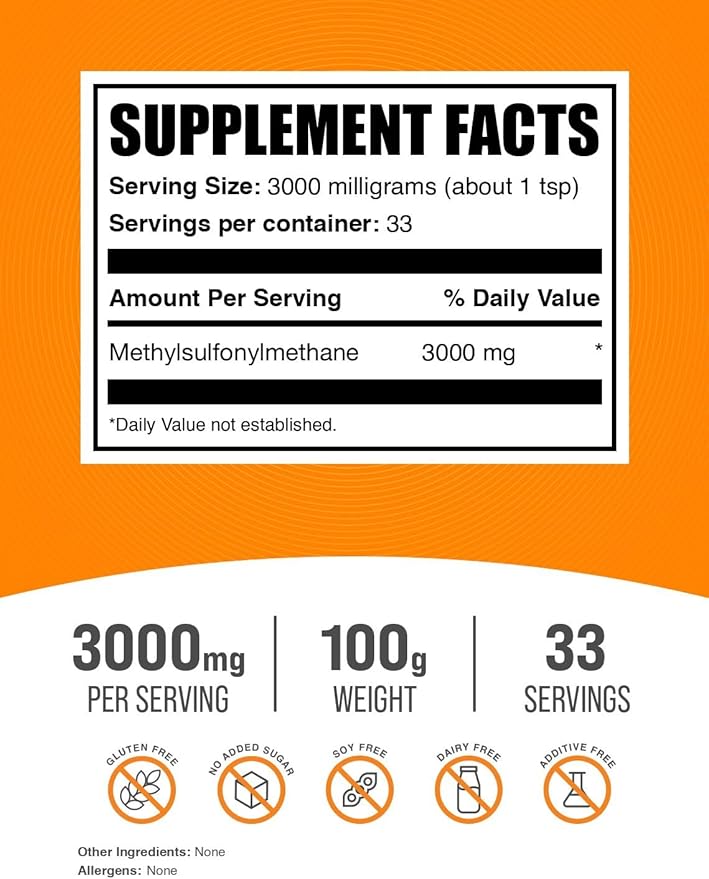BulkSupplements.com MSM Powder - Methylsulfonylmethane, MSM Supplement - MSM Pure Powder, MSM 3000mg - for Joint Health, Gluten Free, 3000mg per Serving, 100g (3.5 oz) (Pack of 1)