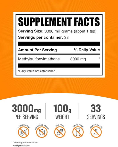 BulkSupplements.com MSM Powder - Methylsulfonylmethane, MSM Supplement - MSM Pure Powder, MSM 3000mg - for Joint Health, Gluten Free, 3000mg per Serving, 100g (3.5 oz) (Pack of 1)