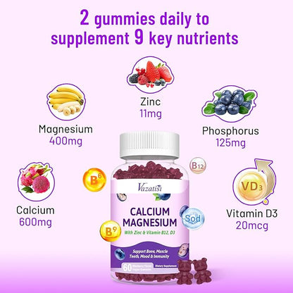 Calcium Magnesium Zinc Gummies with Vitamin D3 and B12, Immune Support Calcium Supplements for Women Men, 60 Vegan Blueberry Flavor Gummies