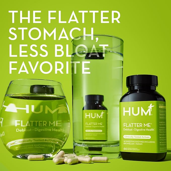 HUM Flatter Me Digestive Enzymes Bloating Supplement - Fast-Acting Bloat Relief for Digestive Health & Debloating Multi Enzyme | Bloat Pills, Anti Bloat Pills, Vegan 60 Servings