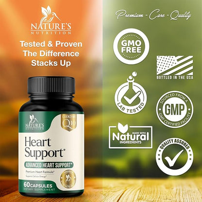 Heart Supplements for Men & Women, 1650mg for Heart Health Support with CoQ10, Hawthorn, Plant Sterol & More, Heart Vitamins & Extracts to Support Nitric Oxide & Energy Production - 60 Capsules