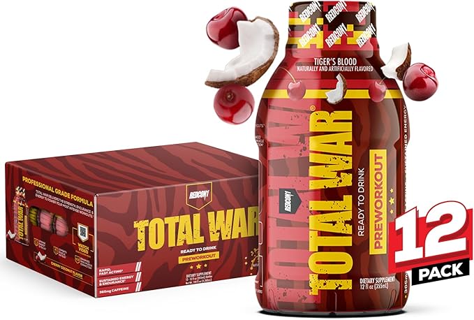 REDCON1 Total War Ready to Drink Pre Workout - Endurance Boosting, Keto Friendly RTD Formula - Amino Acid + Citrulline Malate Pre Workout Drink for Men & Women (Tiger's Blood, 12 Servings)