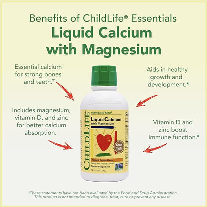 ChildLife Essentials Liquid Calcium Supplement for Kids - Baby Calcium with Magnesium, Zinc, and Vitamin D3 - Orange Flavor, 16 fl oz (2 Pack)