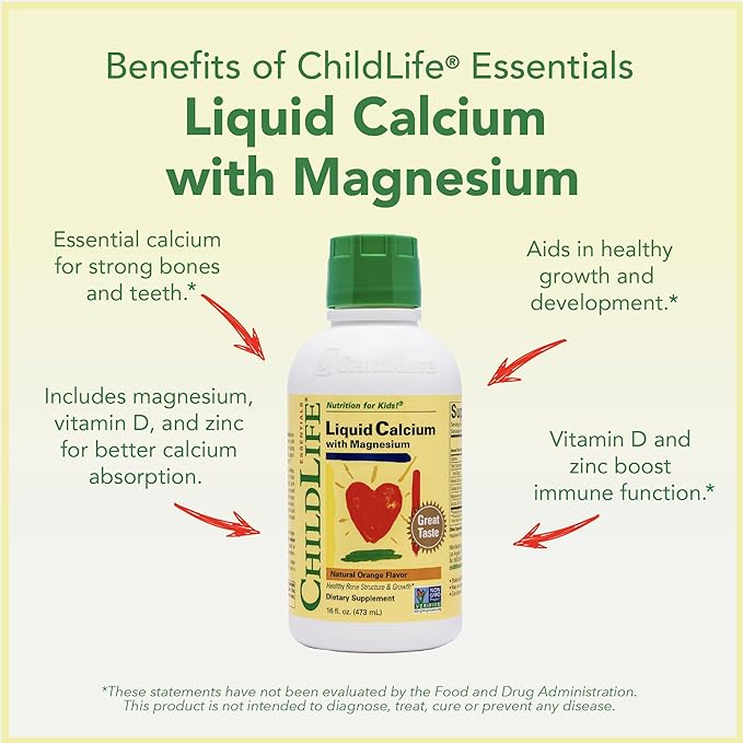 CHILDLIFE ESSENTIALS Liquid Calcium Supplement for Kids - Baby Calcium with Magnesium, Zinc, and Vitamin D3 - Orange Flavor, 16 fl oz (1 Pack)