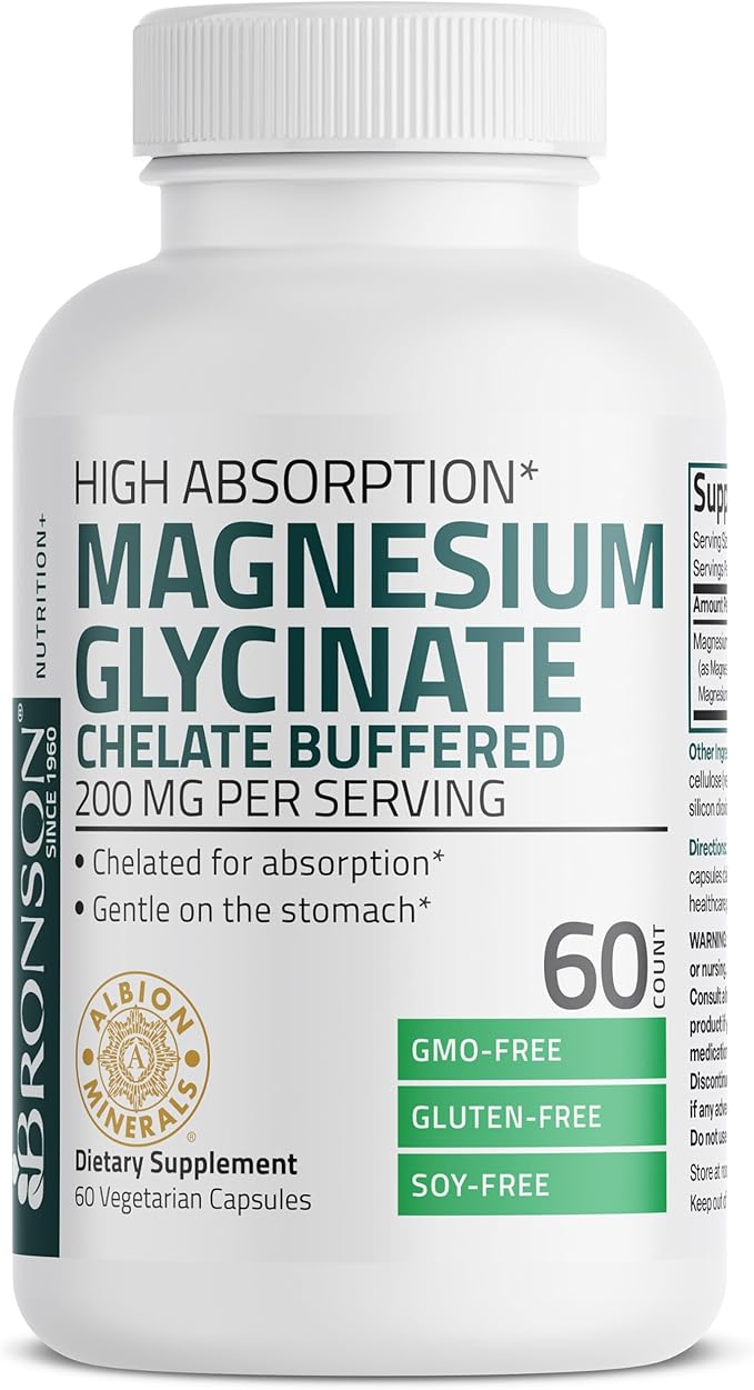 Bronson Magnesium Glycinate 200 MG per Serving Chelated for High Absorption, Gentle On Stomach, Non-GMO, 60 Vegetarian Capsules