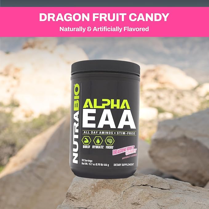 NutraBio Alpha EAA - All-Day Aminos - Recovery, Energy, Focus, and Hydration Supplement - Full Spectrum EAA BCAA Matrix, Electrolytes, Nootropics, Coconut Water - 30 Servings - Dragon Fruit