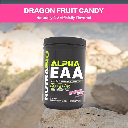 NutraBio Alpha EAA - All-Day Aminos - Recovery, Energy, Focus, and Hydration Supplement - Full Spectrum EAA BCAA Matrix, Electrolytes, Nootropics, Coconut Water - 30 Servings - Dragon Fruit