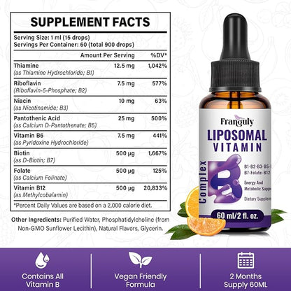 Liposomal Vitamin B Complex Liquid Sublingual B Complex Vitamins Supplement for Women Men Improved Absorption Methylated B12,B1, B2, B3, B5, B6,Folate,Biotin for Energy And Immune Support-6.0 oz