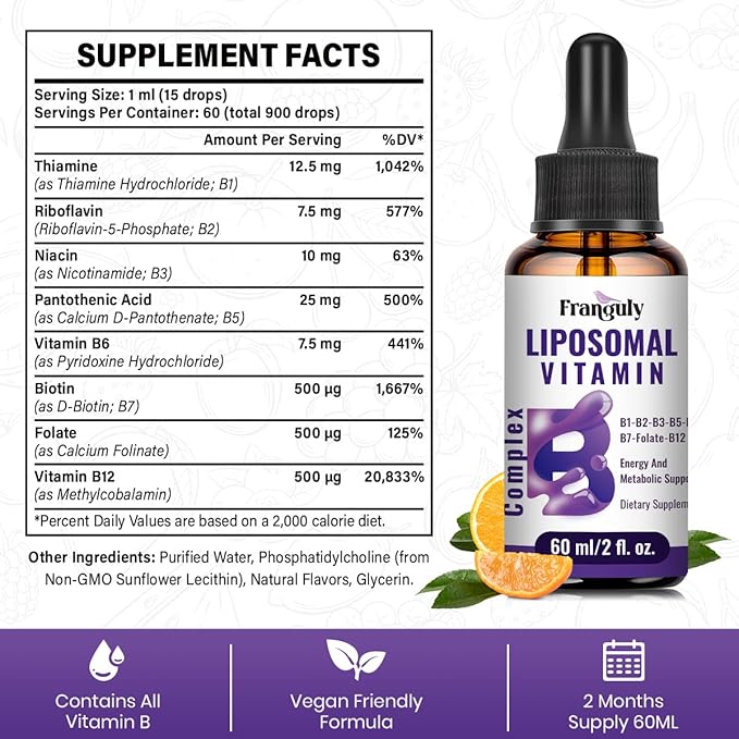Liposomal Vitamin B Complex Liquid Sublingual B Complex Vitamins Supplement for Women Men Improved Absorption Methylated B12,B1, B2, B3, B5, B6,Folate,Biotin for Energy And Immune Support-2.0 oz