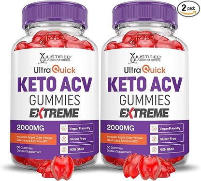 (2 Pack) Ultra Quick Keto ACV Gummies Extreme 2000MG Ultraquick Keto Gummies Apple Cider Vinegar Formulated with Pomegranate Beet Juice Powder B12 Vegan Non GMO 120 Gummys