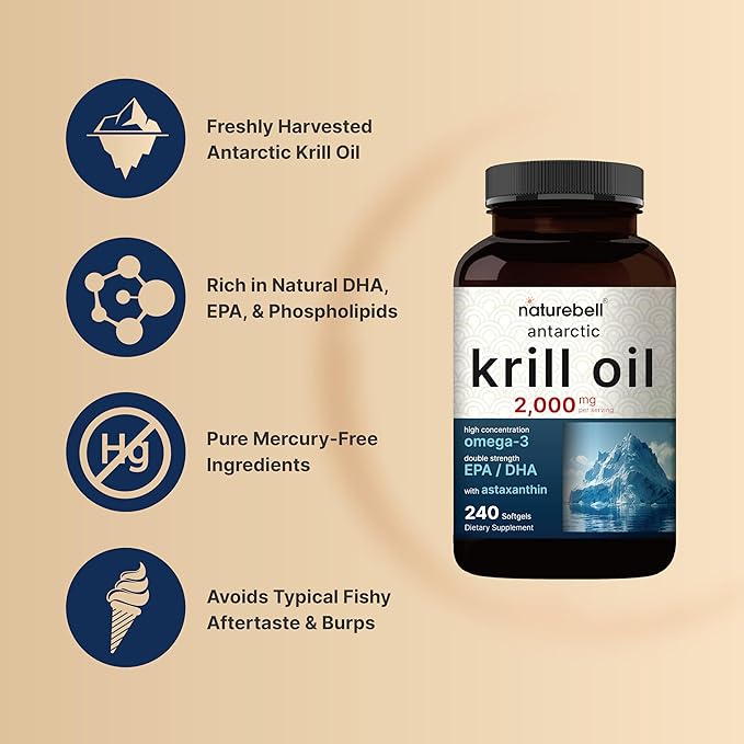 Antarctic Krill Oil 2000mg Supplement, 240 Softgels, 3X Strength Natural Source of Omega-3s, EPA 240mg + DHA 160mg + Astaxanthin 800mcg – No Fishy Aftertaste – Mercury Free & Non-GMO