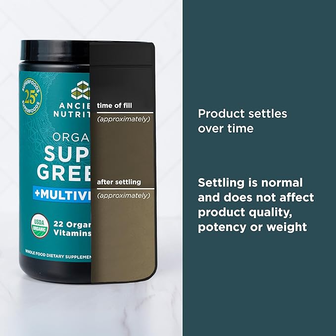 Ancient Nutrition Organic SuperGreens and Multivitamin Powder with Probiotics, Made from Real Fruits, Vegetables and Herbs, for Digestive, Detoxification and Energy Support, 25 Servings
