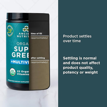 Ancient Nutrition Organic SuperGreens and Multivitamin Powder with Probiotics, Made from Real Fruits, Vegetables and Herbs, for Digestive, Detoxification and Energy Support, 25 Servings