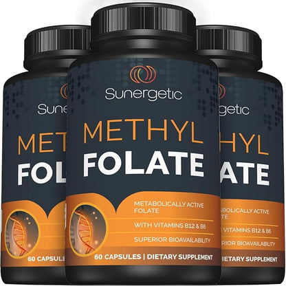 Sunergetic Premium Methyl Folate Supplement – with Methylated Vitamin B12 and Vitamin B6 – Metabolically Active Folate as Magnafolate - Methylfolate 400 mcg per Capsule – 60 Capsules