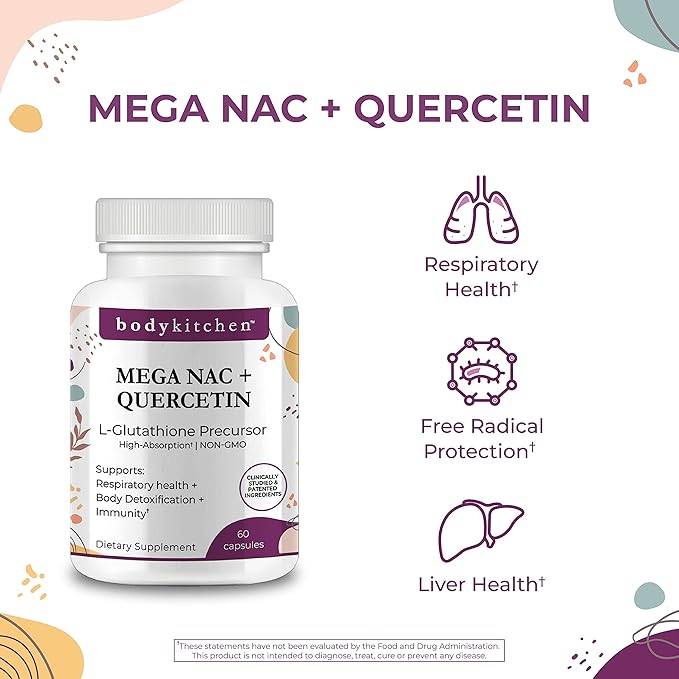 Body Kitchen Mega NAC (N-Acetyl Cysteine) 600 mg with Quercetin, Supports Respiratory Health and Immune Function and Promotes Liver and Kidney Detox, Veggie Caps, (Pack of 3)
