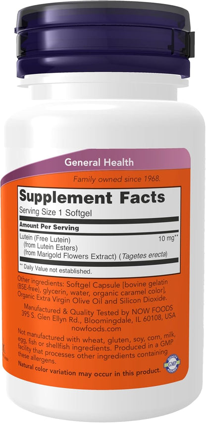 NOW Foods Supplements, Lutein 10 mg with 10 mg of Free Lutein from Lutein Esters, 60 Softgels