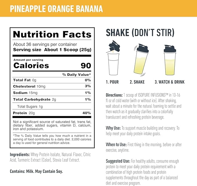 Isopure Protein Powder, Clear Whey Isolate Protein, Post Workout Recovery Drink Mix, Gluten Free with Zero Added Sugar, Infusions- Pineapple Orange Banana, 36 Servings