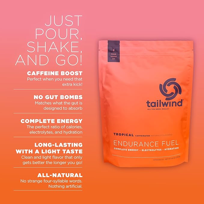 Tailwind Nutrition Endurance Fuel, Electrolyte & Hydration Sports Drink Mix Powder with Caffeine, Gluten-Free, Vegan, Tropical Buzz, 50 Servings (Caffeinated)