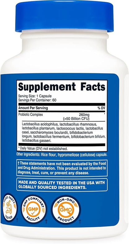 Nutricost Probiotic Complex - 50 Billion CFU, 60 Capsules (3 Bottles) - Probiotic for Men and Women - Veggie Capsules, Non-GMO, Gluten Free