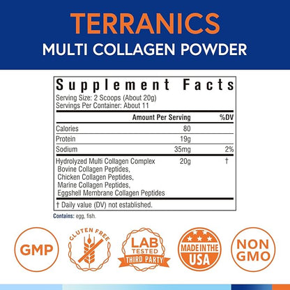 Terranics Multi Collagen Peptides Powder, Type I II III V X Collagen for Women & Men, Collagen Supplements for Skin, Nail, Hail & Joint, Easy to Dissolve, Unflavored, No Sugar, Keto, 8oz