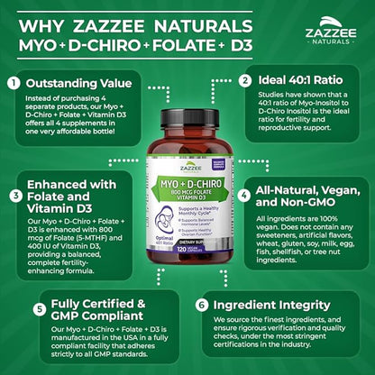 Zazzee Myo-Inositol + D-Chiro, with Folate (5-MTHF) + D3, 120 Vegan Capsules, Optimal 40:1 Inositol Ratio, 30 Day Supply, All-Natural, Non-GMO, Supports Hormone Balance and Ovulation, Made in The USA