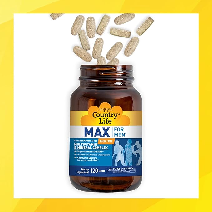 Country Life Max for Men Multivitamin: Iron-Free, Gluten Free,No Artificial Colors; B Vitamins, Magnesium, Saw Palmetto, Lycopene, Daily Support for Energy, Heart & Men's Health,120 Vegetarian Tablets