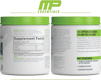 MusclePharm Essentials BCAA Powder, Pre & Post Workout Recovery Drink, Supports Muscle Recovery & Energy Production, Essential Amino Acids Supplement, 30 Servings, Blue Raspberry Flavor