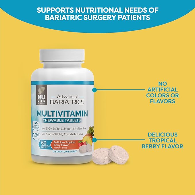 Nu-Life Advanced Bariatrics Multivitamin Chewable Tablets, Bariatric Mulivitamin with Iron - Tropical Berry (60 Chewable Tablets) (Packaging May Vary)