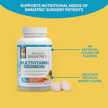 Nu-Life Advanced Bariatrics Multivitamin Chewable Tablets, Bariatric Mulivitamin with Iron - Tropical Berry (60 Chewable Tablets) (Packaging May Vary)