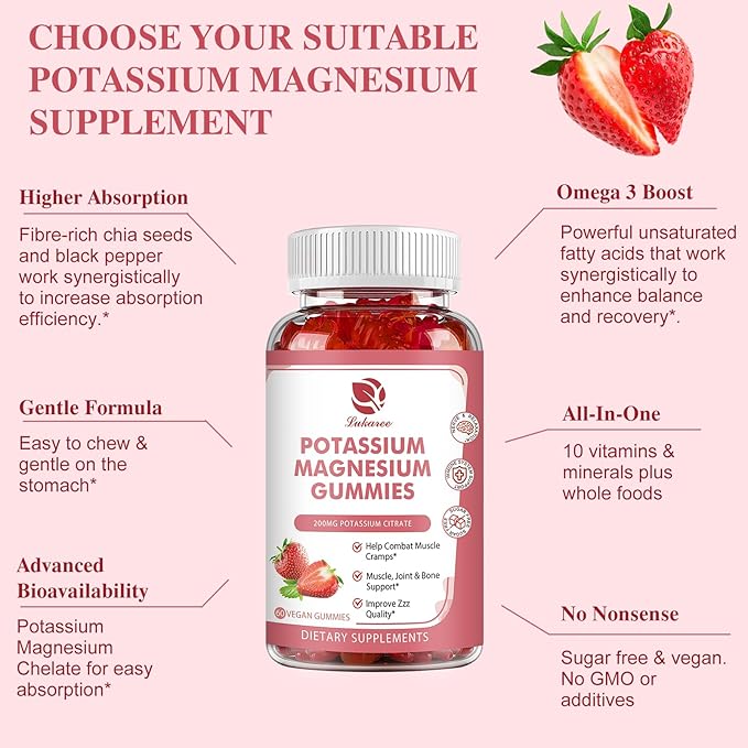 Potassium Magnesium Gummies - High Absorption Magnesium Glycinate 500mg & Potassium Citrate 200mg Plus Omega 3, B6, D3, K2 & Calcium - Chewable Gummy for Leg Cramps, Immunity & Energy - 60 Count