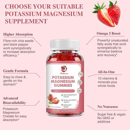 Potassium Magnesium Gummies - High Absorption Magnesium Glycinate 500mg & Potassium Citrate 200mg Plus Omega 3, B6, D3, K2 & Calcium - Chewable Gummy for Leg Cramps, Immunity & Energy - 60 Count