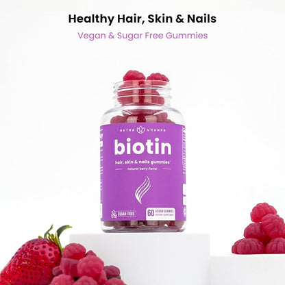 NutraChamps Sugar Free Biotin Gummies 10000mcg [High Potency] - Healthy Hair, Skin & Nails for Women, Men & Kids - 5000mcg in Each Gummy - Vegan Hair Health Vitamins Supplement - Raspberry (2-Pack)