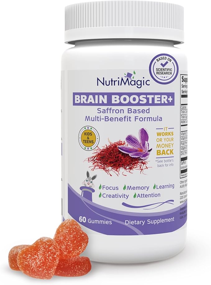 Kids Brain Booster 2IN1 Saffron Extract Nootropic & Multivitamin for Focus, Memory, Attention, Mood - Pure Saffron Gummies for Brain Health Support w/Vitamin D3, B6, B12, Zinc - 60 Gummies