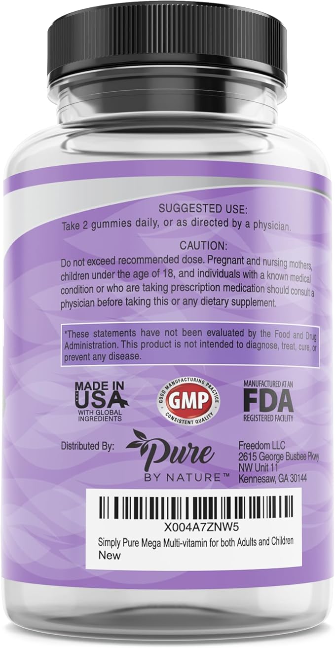 Pure By Nature Mega Multi Gummies, Natural Flavored Multi Vitamin Gummies for Women & Men, Dietary Supplement, Multivitamin for Men with Vitamins A, D2, C, E, K, Biotin, Folic Acid (60 Count)