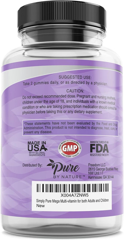 Pure By Nature Mega Multi Gummies, Natural Flavored Multi Vitamin Gummies for Women & Men, Dietary Supplement, Multivitamin for Men with Vitamins A, D2, C, E, K, Biotin, Folic Acid (60 Count)