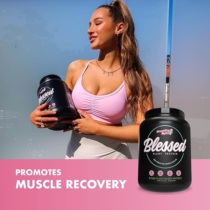 Blessed Vegan Protein Powder - Plant Based Protein Powder Meal Replacement Protein Shake, 23g of Pea Protein Powder, Dairy Free, Gluten Free, Soy Free, No Sugar Added, 30 Servings (Strawberry Mylk)