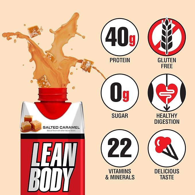 Lean Body Ready-to-Drink Salted Caramel Protein Shake, 40g Protein, Whey Blend, 0 Sugar, Gluten Free, 22 Vitamins & Minerals, 17 Fl Oz (Pack of 12)