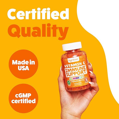 Vitamin C Gummies for Adults & Kids by Feel Great Vitamin Co. | 90 Orange Flavored Gummies | Immunity Support, Plant-Based Fruit Pectin