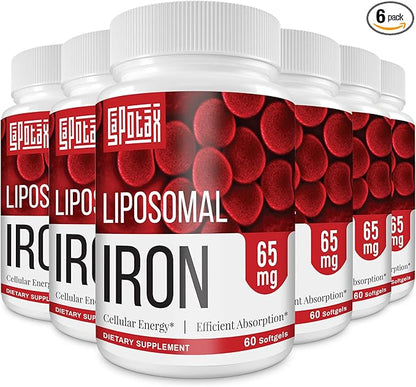 Liposomal Fe Iron Supplement for Women,65 mg Iron Supplement with Folic Acid & Vitamin B12 for Men,Red Blood Cell Production & Energy Support for Adults Iron Deficiency 60 Softgels(6 Bottle)