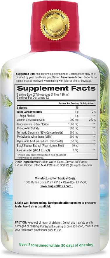 Joint Complete Premium Premium Plus - Liquid Joint Supplement w/Glucosamine, Chondroitin, MSM Plus 800mg Turmeric – 98% Max Absorption – 32oz, 32 serv