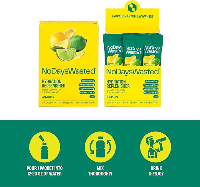 Hydration Replenisher 15 Count - Electrolyte Powder Drink Mix - Lemon Lime - Sodium and Potassium for Rehydrating Plus Vitamins for Support (15 Count)