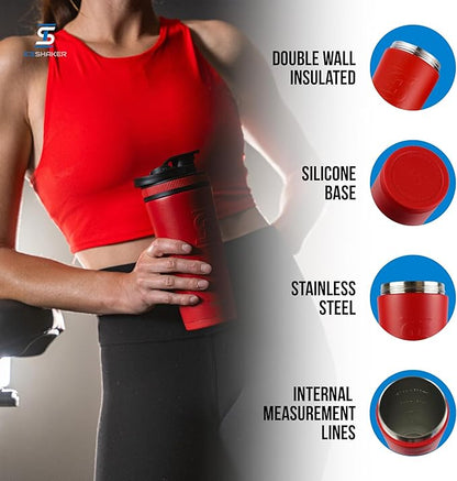 Ice Shaker Insulated Stainless Steel Shaker Bottle | 26oz, Red/Black | Cold for 30+ Hours | Insulated Cup with Twist-on Agitator | Odor-Free Shaker Cup for Protein Shakes, Water, Smoothies, Cocktails