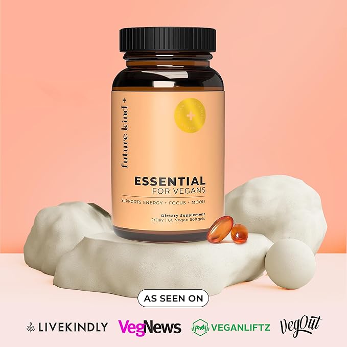 Future Kind Vegan Multivitamins - Glass Bottle & Made for Vegans w/Omega 3 DHA+EPA, Vitamin B12 & D3 - Vegan Vitamin for Energy, Focus, & Mood - Vegan Vitamins for Women & Men, 60 Tiny Softgels