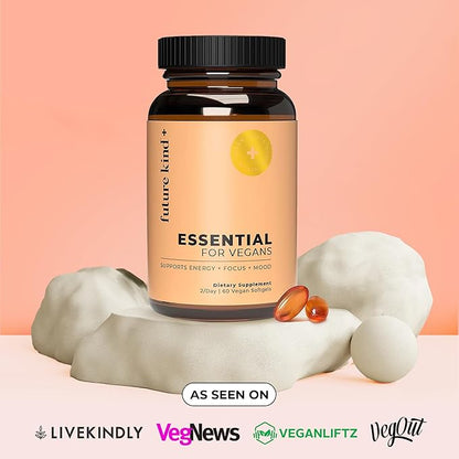Future Kind Vegan Multivitamins - Glass Bottle & Made for Vegans w/Omega 3 DHA+EPA, Vitamin B12 & D3 - Vegan Vitamin for Energy, Focus, & Mood - Vegan Vitamins for Women & Men, 60 Tiny Softgels
