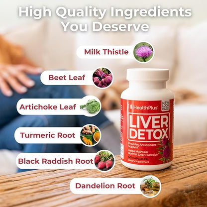 Health Plus, Liver Detox, Natural Herbal Liver Support & Detox Supplement with Milk Thistle, Dandelion and Turmeric Root, 60 capsules